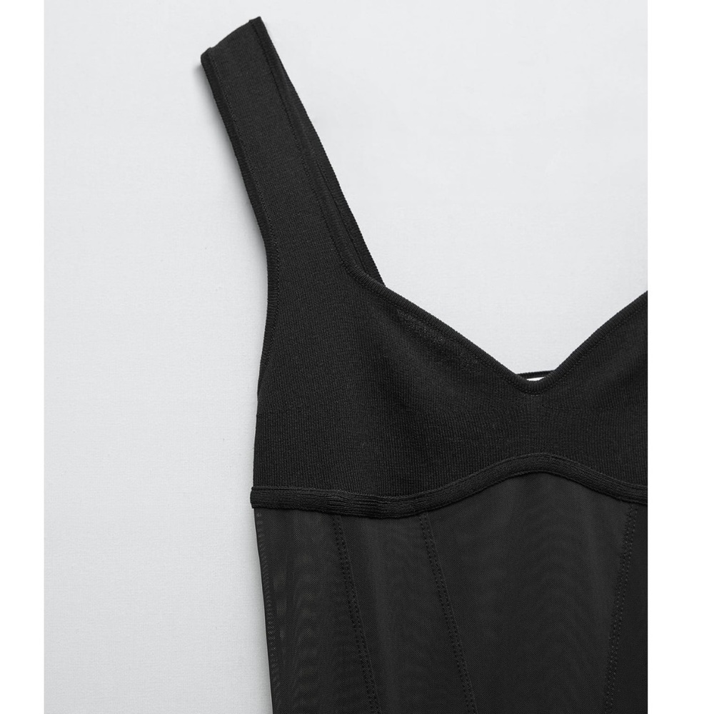 ZARA Black V Neck Semi-Sheer Waist Detail Bandage Knit Midi Maxi Dress - Picture 6 of 7
